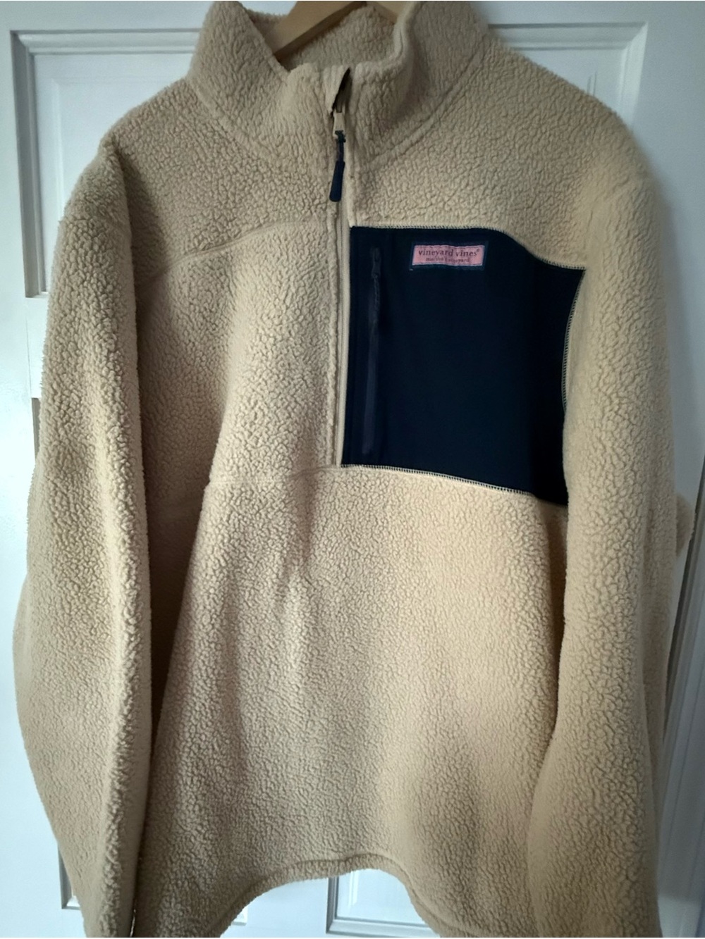 Vineyard Vines Beige Sherpa Pullover with Navy Chest Pocket